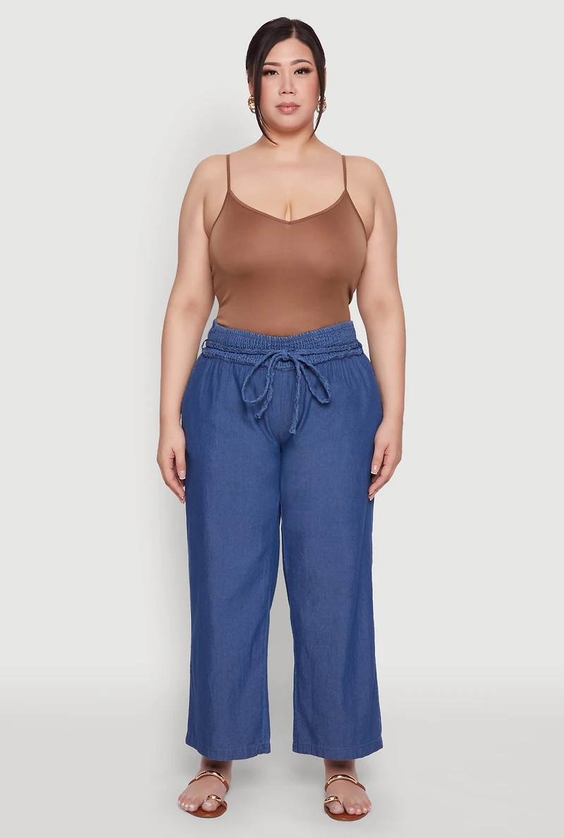 Womens Plus Size Chambray Tie Waist Belted Pants, Blue, Size 3X