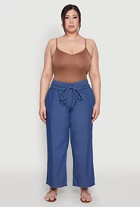 Womens Plus Size Chambray Tie Waist Belted Pants, Blue, Size 3X