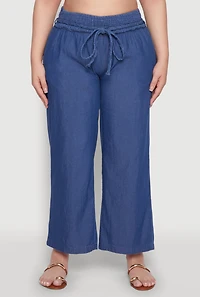 Womens Plus Size Chambray Tie Waist Belted Pants, Blue, Size 3X