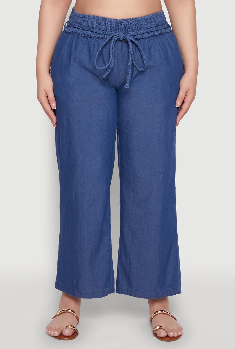 Womens Plus Size Chambray Tie Waist Belted Pants, Blue, Size 3X