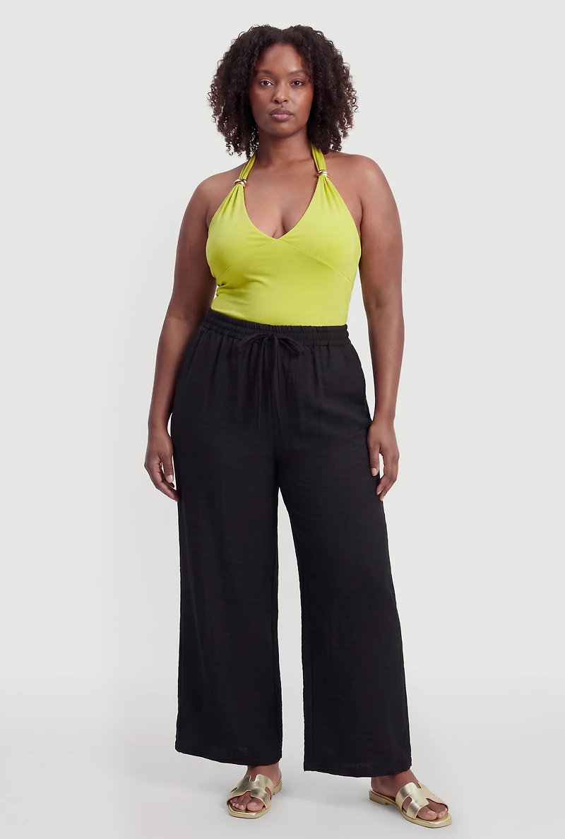 Plus Drawstring Waist Wide Leg Casual Pants