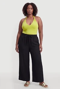 Plus Drawstring Waist Wide Leg Casual Pants