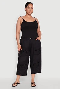 Womens Plus Size Tie Cargo Pocket Capri Pants, Black, Size 1X