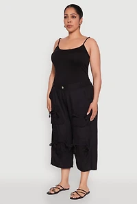 Womens Plus Size Tie Cargo Pocket Capri Pants, Black, Size 1X