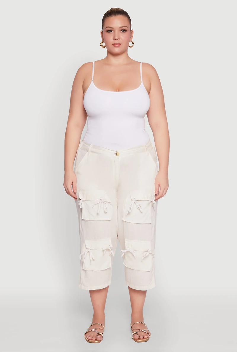 Womens Plus Size Tie Cargo Pocket Capri Pants, White, Size 1X