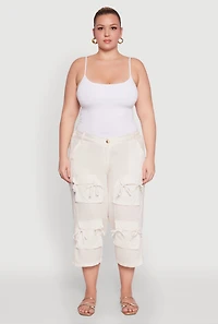 Womens Plus Size Tie Cargo Pocket Capri Pants, White, Size 1X