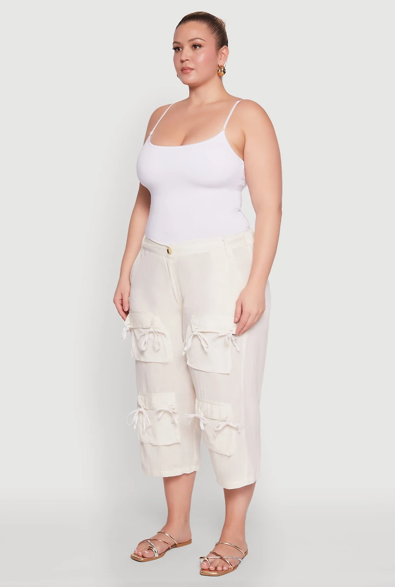 Womens Plus Size Tie Cargo Pocket Capri Pants, White, Size 3X