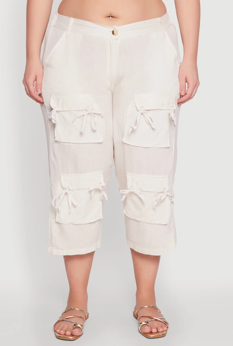 Womens Plus Size Tie Cargo Pocket Capri Pants, White, Size 3X