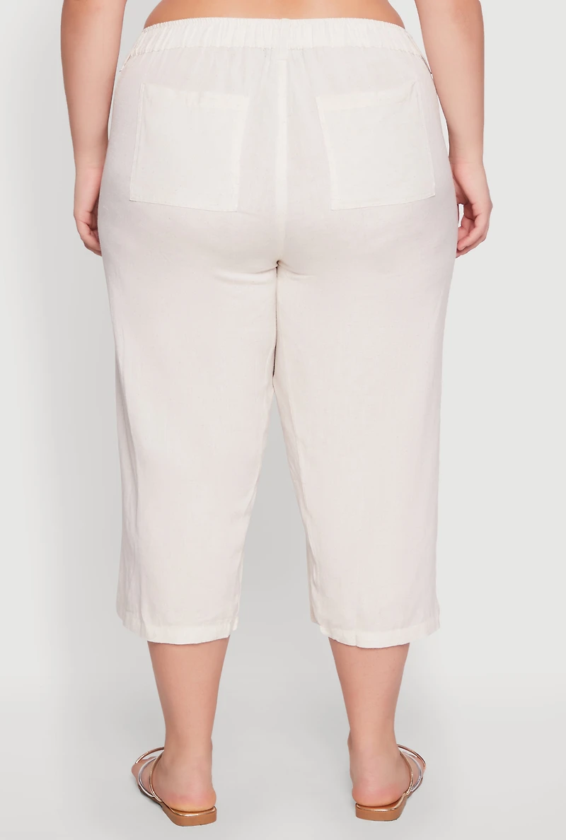 Womens Plus Size Tie Cargo Pocket Capri Pants, White, Size 1X