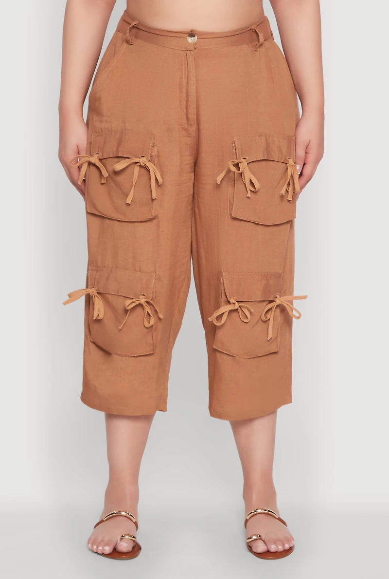 Womens Plus Tie Cargo Pocket Capri Pants, 2X