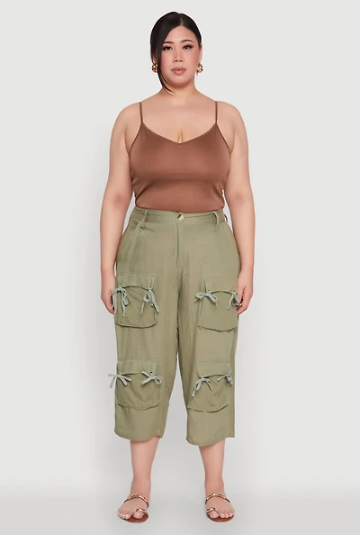 Womens Plus Tie Cargo Pocket Capri Pants,