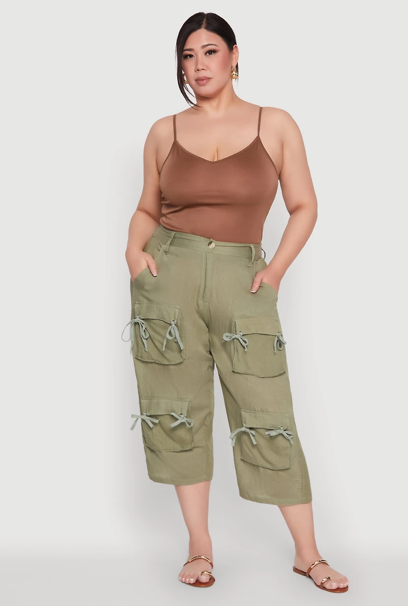 Womens Plus Tie Cargo Pocket Capri Pants,