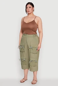 Womens Plus Tie Cargo Pocket Capri Pants,