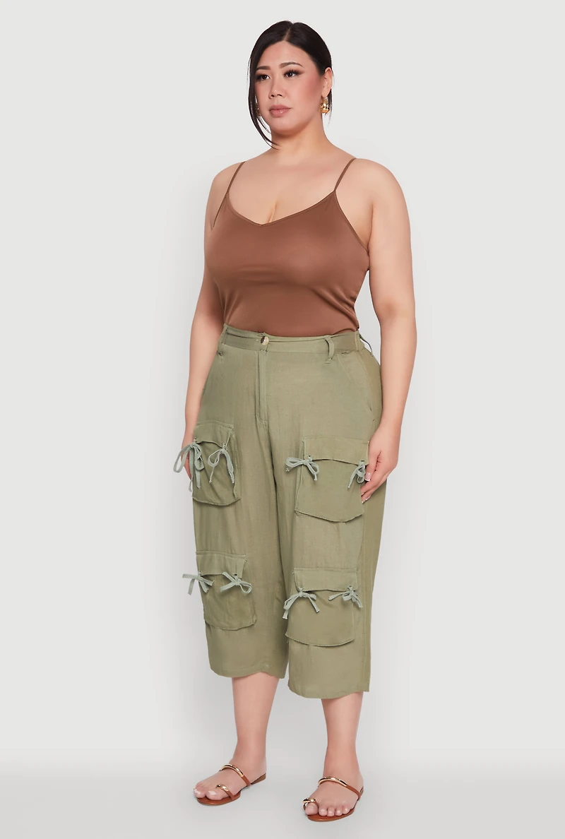 Womens Plus Tie Cargo Pocket Capri Pants,