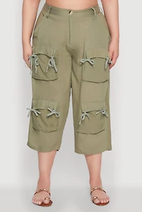 Womens Plus Tie Cargo Pocket Capri Pants,