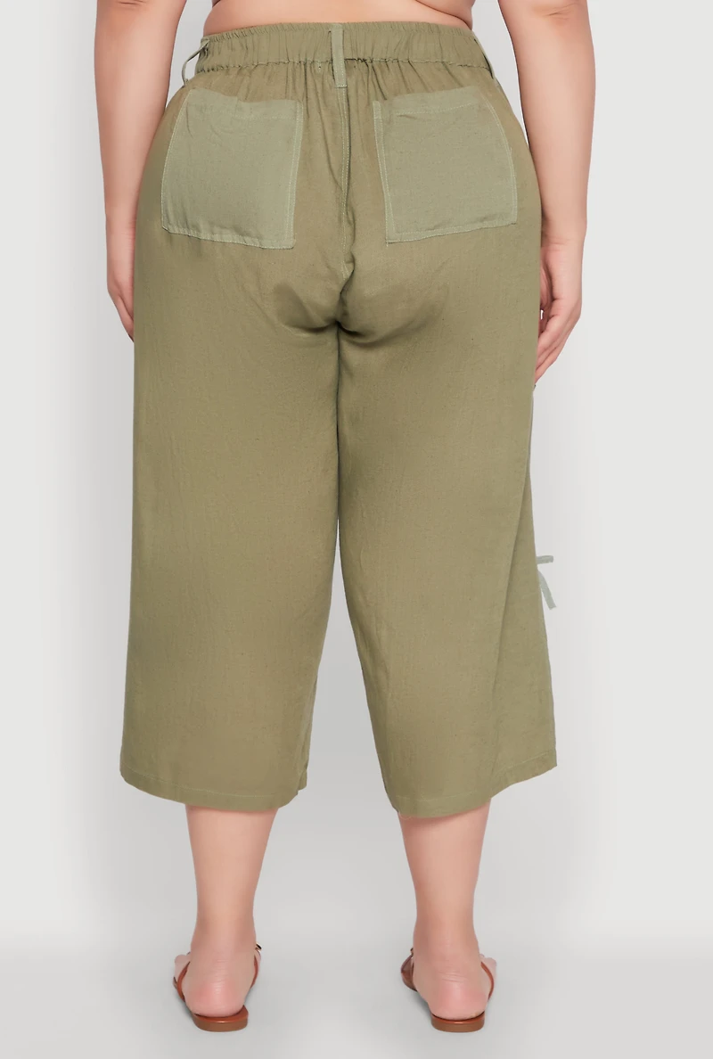 Womens Plus Tie Cargo Pocket Capri Pants,