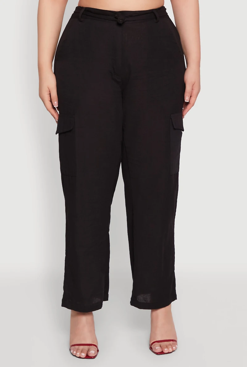 Womens Plus Linen Tie Waist Belted Cargo Pants,