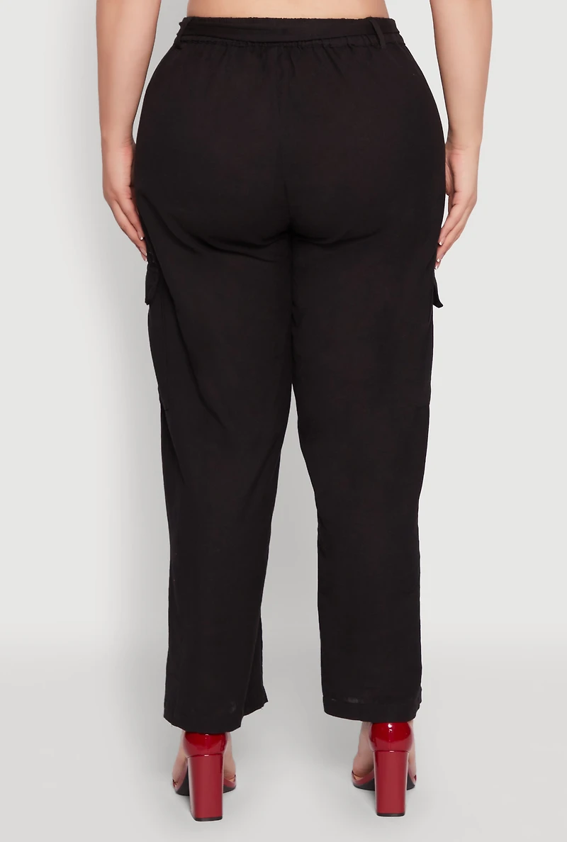 Womens Plus Linen Tie Waist Belted Cargo Pants,