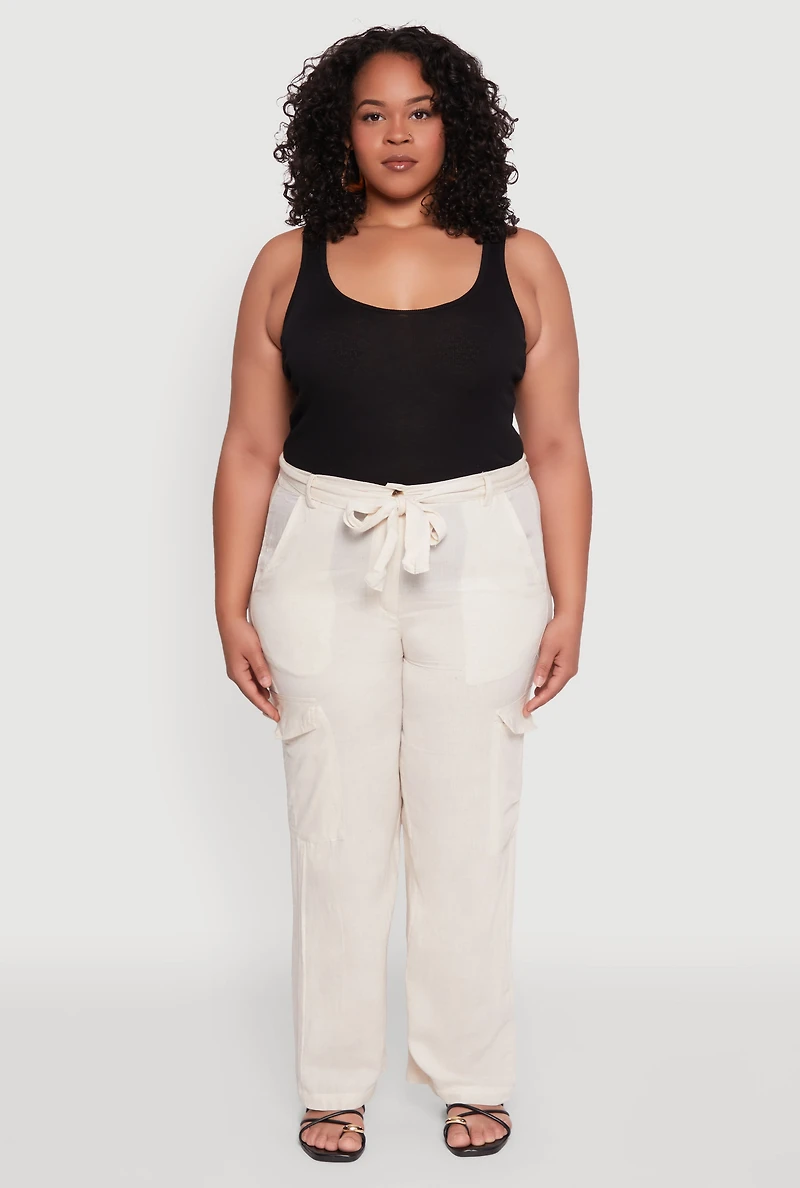 Womens Plus Linen Tie Waist Belted Cargo Pants, Khaki,
