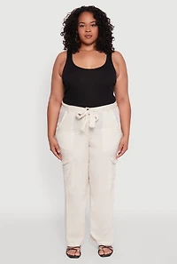 Womens Plus Linen Tie Waist Belted Cargo Pants, Khaki,