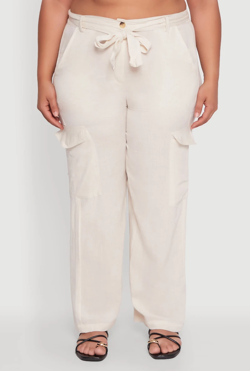 Womens Plus Linen Tie Waist Belted Cargo Pants, Khaki,
