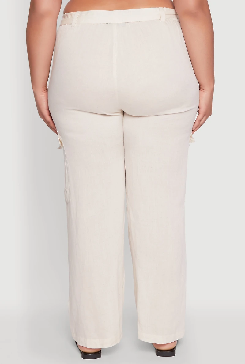 Womens Plus Linen Tie Waist Belted Cargo Pants, Khaki,