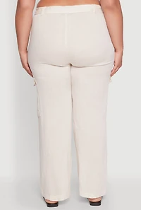 Womens Plus Linen Tie Waist Belted Cargo Pants, Khaki,