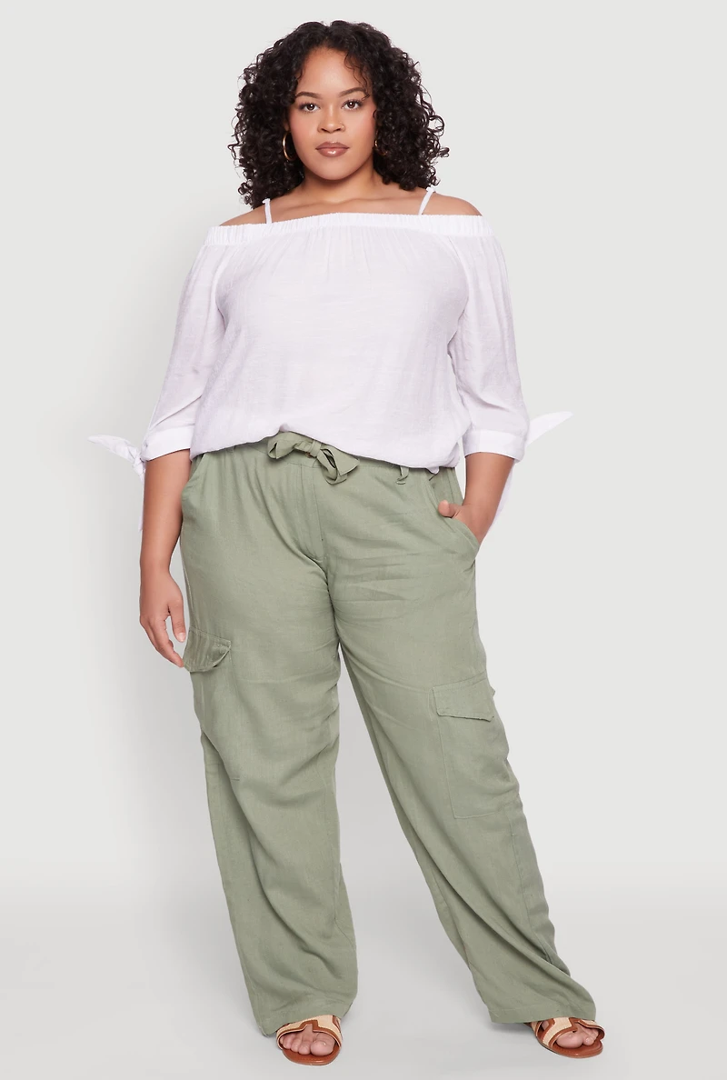 Plus Linen Tie Waist Belted Cargo Pants