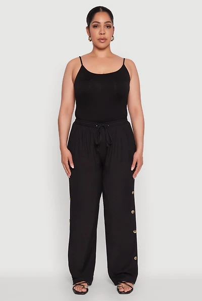 Womens Plus Size Side Button Detail Linen Pants, Black, Size 1X