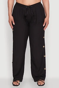 Womens Plus Side Button Detail Linen Pants,