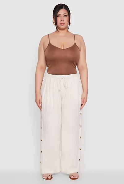 Womens Plus Size Side Button Detail Linen Pants, Khaki, Size 3X