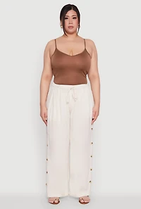 Womens Plus Size Side Button Detail Linen Pants, Khaki, Size 3X