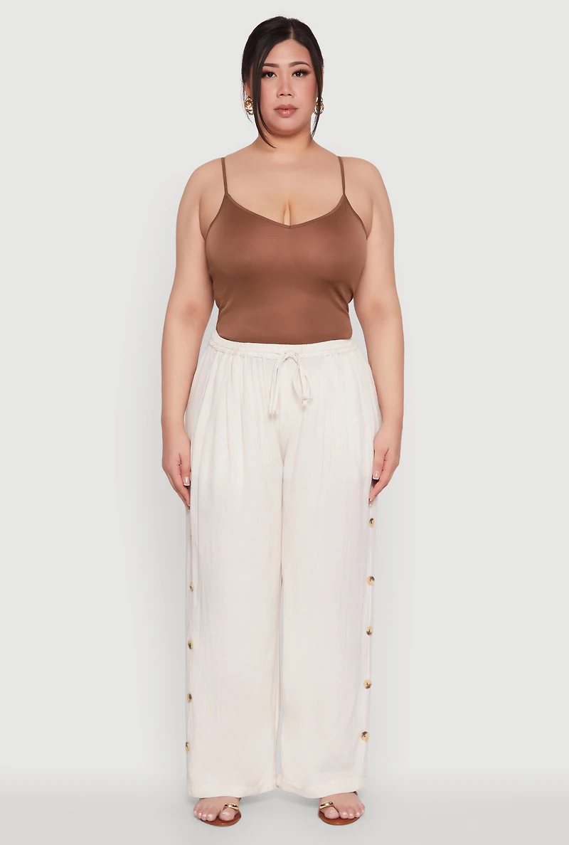 Womens Plus Side Button Detail Linen Pants, Khaki,