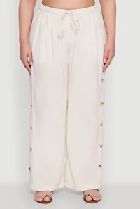 Womens Plus Size Side Button Detail Linen Pants, Khaki, Size 3X