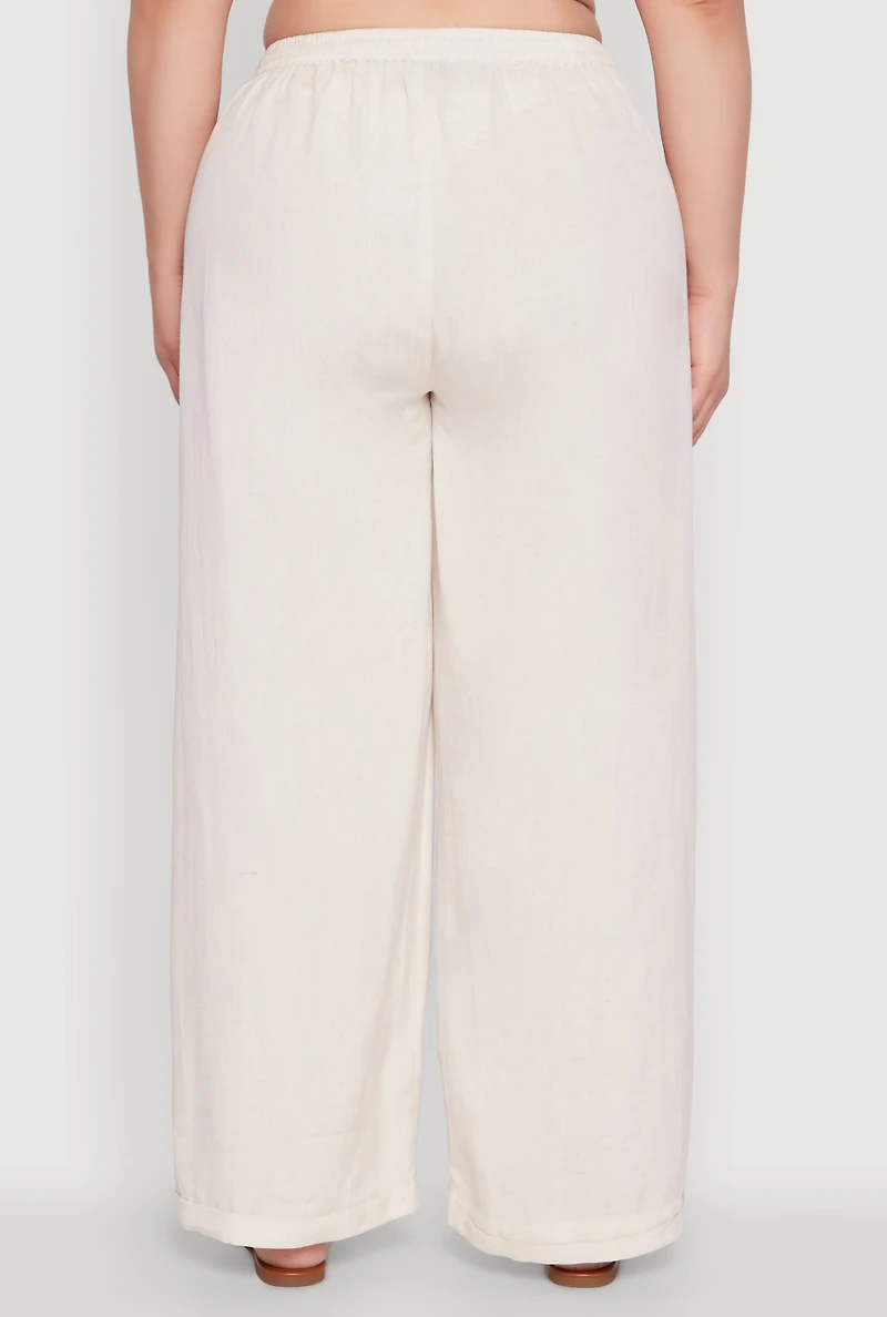 Womens Plus Side Button Detail Linen Pants, Khaki,