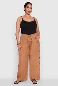 Womens Plus Side Button Detail Linen Pants, 2X