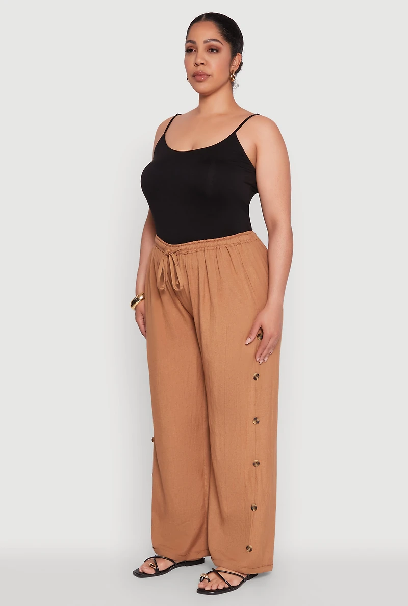 Womens Plus Side Button Detail Linen Pants, 2X