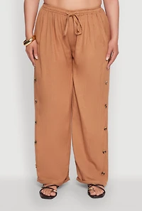 Womens Plus Side Button Detail Linen Pants, 2X
