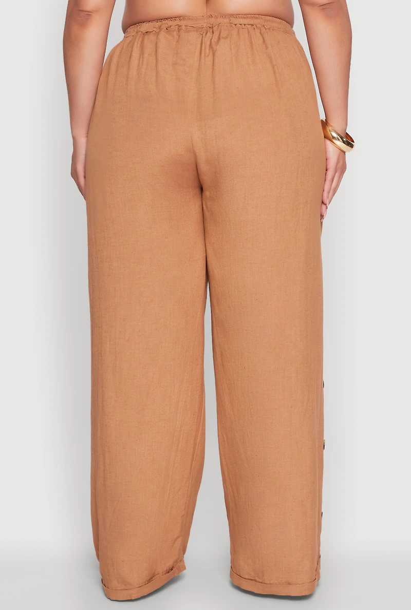 Womens Plus Side Button Detail Linen Pants, 2X