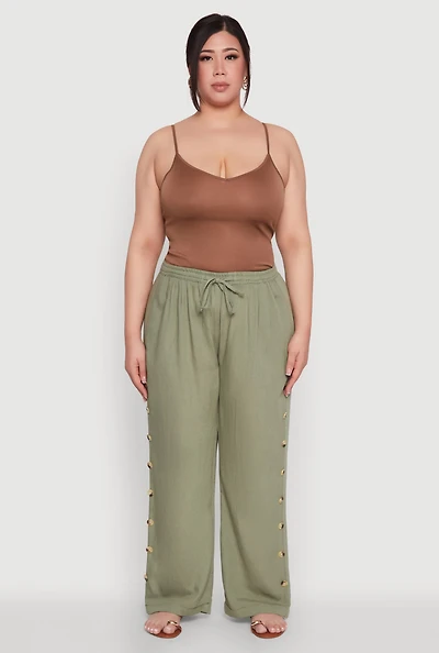 Womens Plus Side Button Detail Linen Pants,