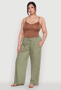 Womens Plus Side Button Detail Linen Pants,