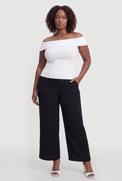 Plus Crepe Knit Smocked Waist Pull On Casual Pants