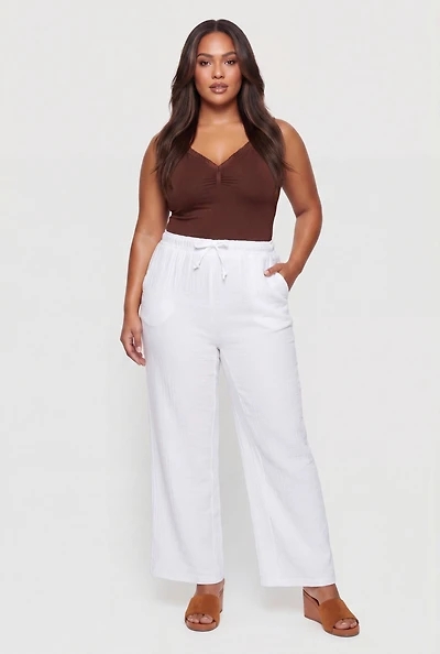 Plus Gauze Knit High Waisted Straight Leg Pants