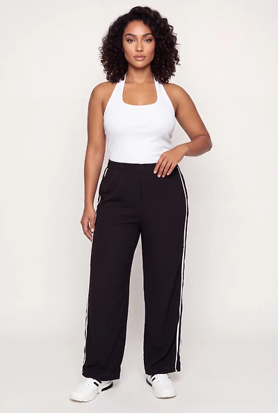Plus Crepe Knit Wide Leg Pants with Contrast Side Stripe