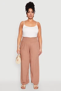 Womens Plus Size Smocked High Waisted Pants, Khaki, Size 3X