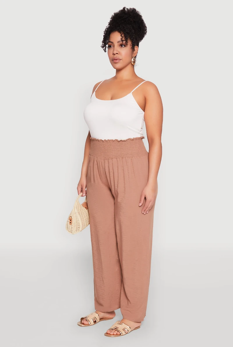 Womens Plus Size Smocked High Waisted Pants, Khaki, Size 3X