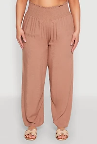 Womens Plus Size Smocked High Waisted Pants, Khaki, Size 3X
