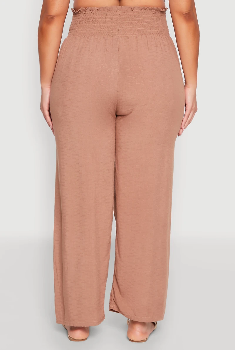 Womens Plus Size Smocked High Waisted Pants, Khaki, Size 3X