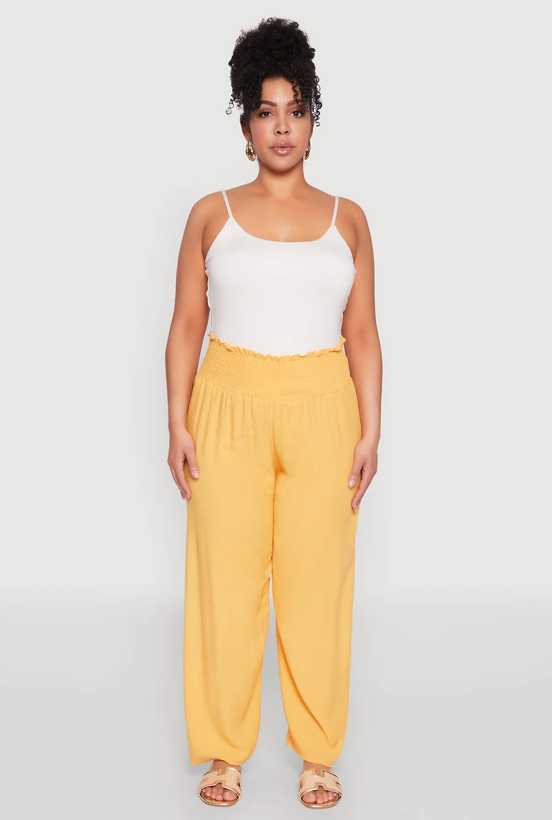 Womens Plus Smocked High Waisted Pants, Yellow,