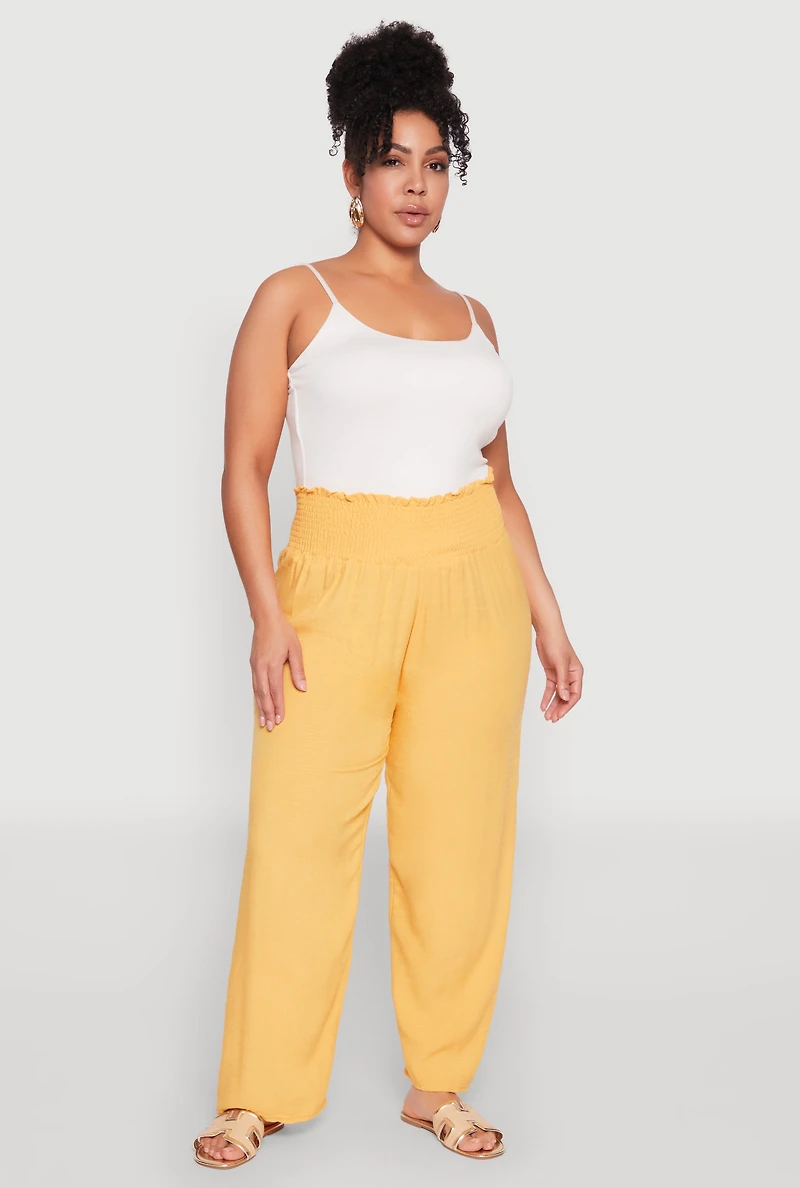 Womens Plus Smocked High Waisted Pants, Yellow,